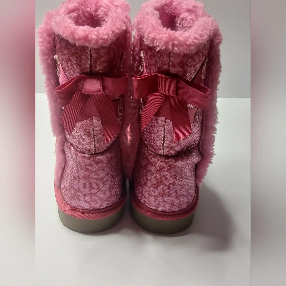 Unbranded‎ Sequin Winter Boots Girls Pink Bow Faux Fur Trim Sparkly Boots